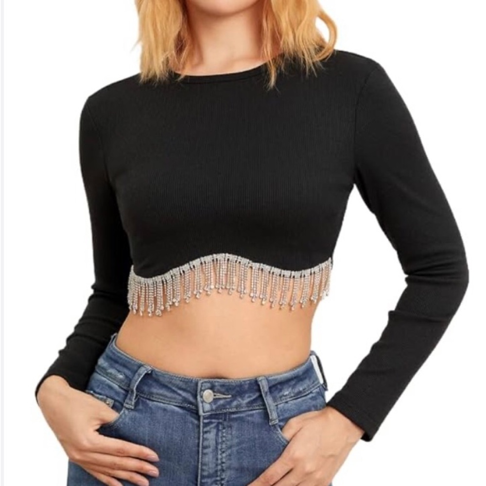 Black Long Sleeve Crop Top with Fringe Size Small